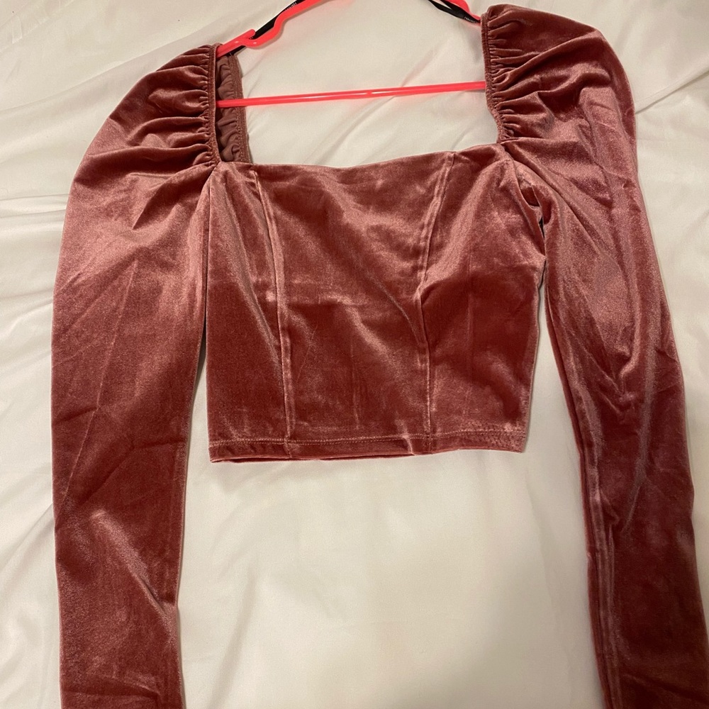 Forever 21 Cropped Pink Velvet Puff sleeve top